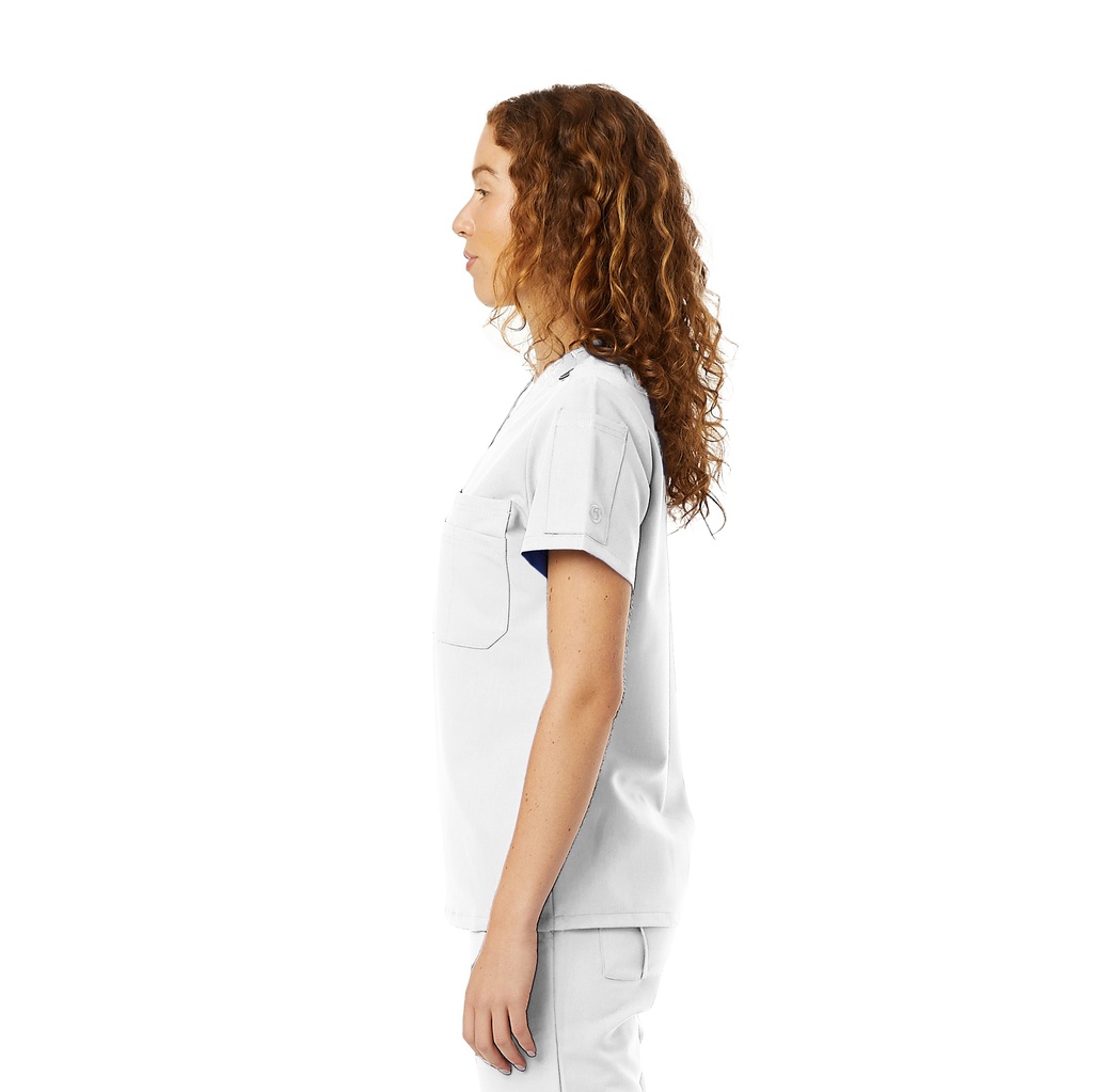 Womens WYND Tuckable Scrub Top - Left Side - Untucked